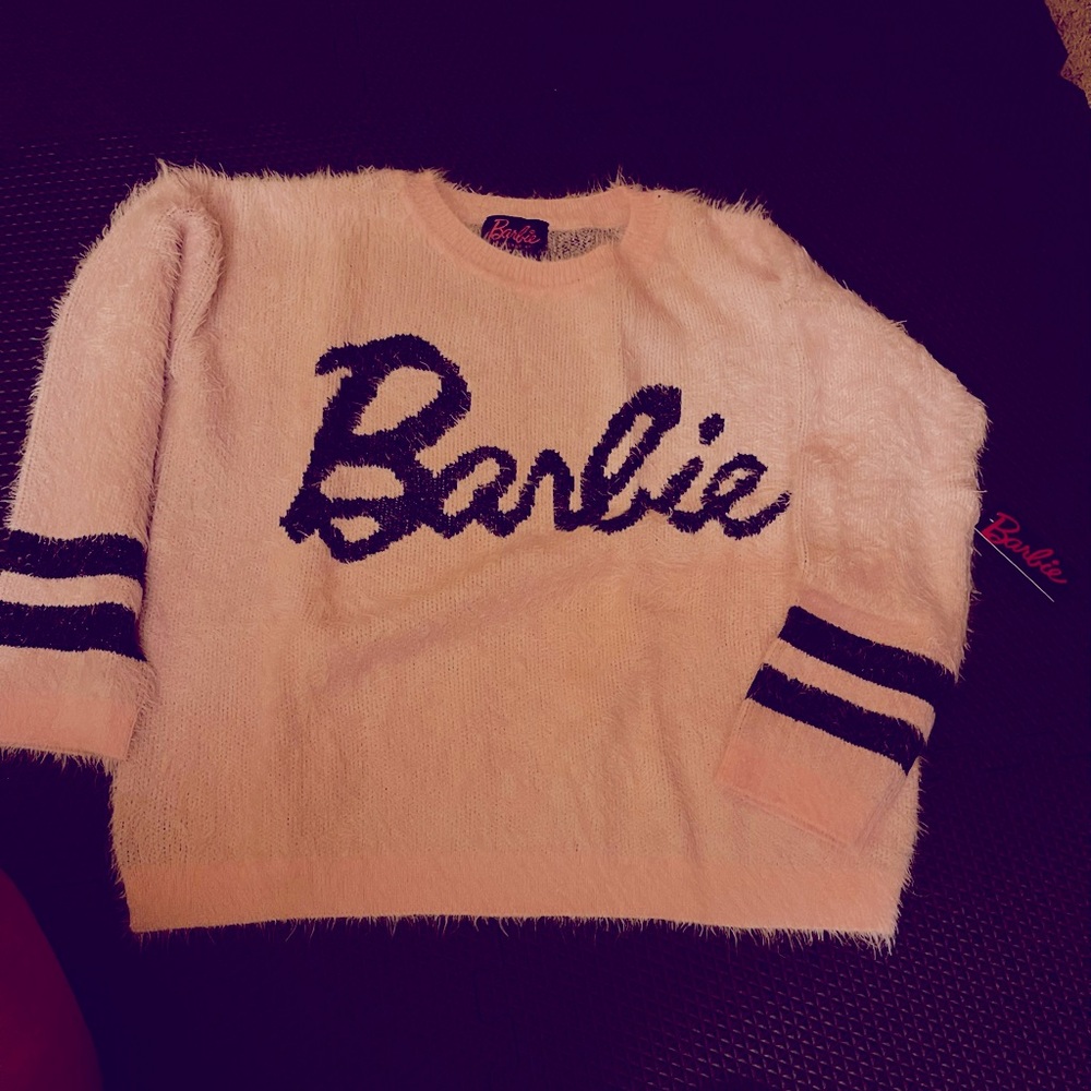 Barbie Baby Pink Fuzzy Eyelash Fur Crew Neck Sweater Barbie x Forever 21